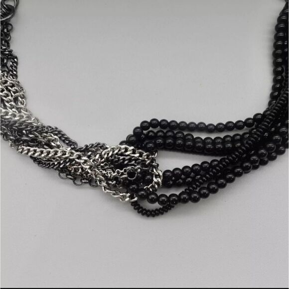 Talbots Necklace Modern Black Beaded Silver Tone Gunmetal Layered Chains 24 Inch - Picture 3 of 10